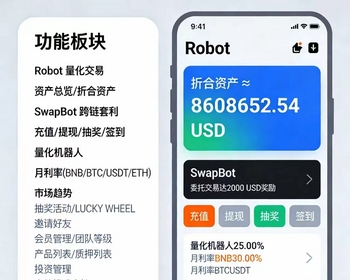 BTC/BNB/USDT等多币种智能量化交易 量化机器人APP 幸运转盘抽奖 多语言 多级分销 源码搭建 - 小程序 / uni-app