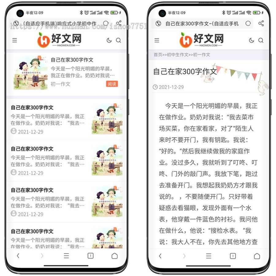 (自适应手机端)响应式小学初中作文网站模板文章资讯论文作文个人博客网站源码