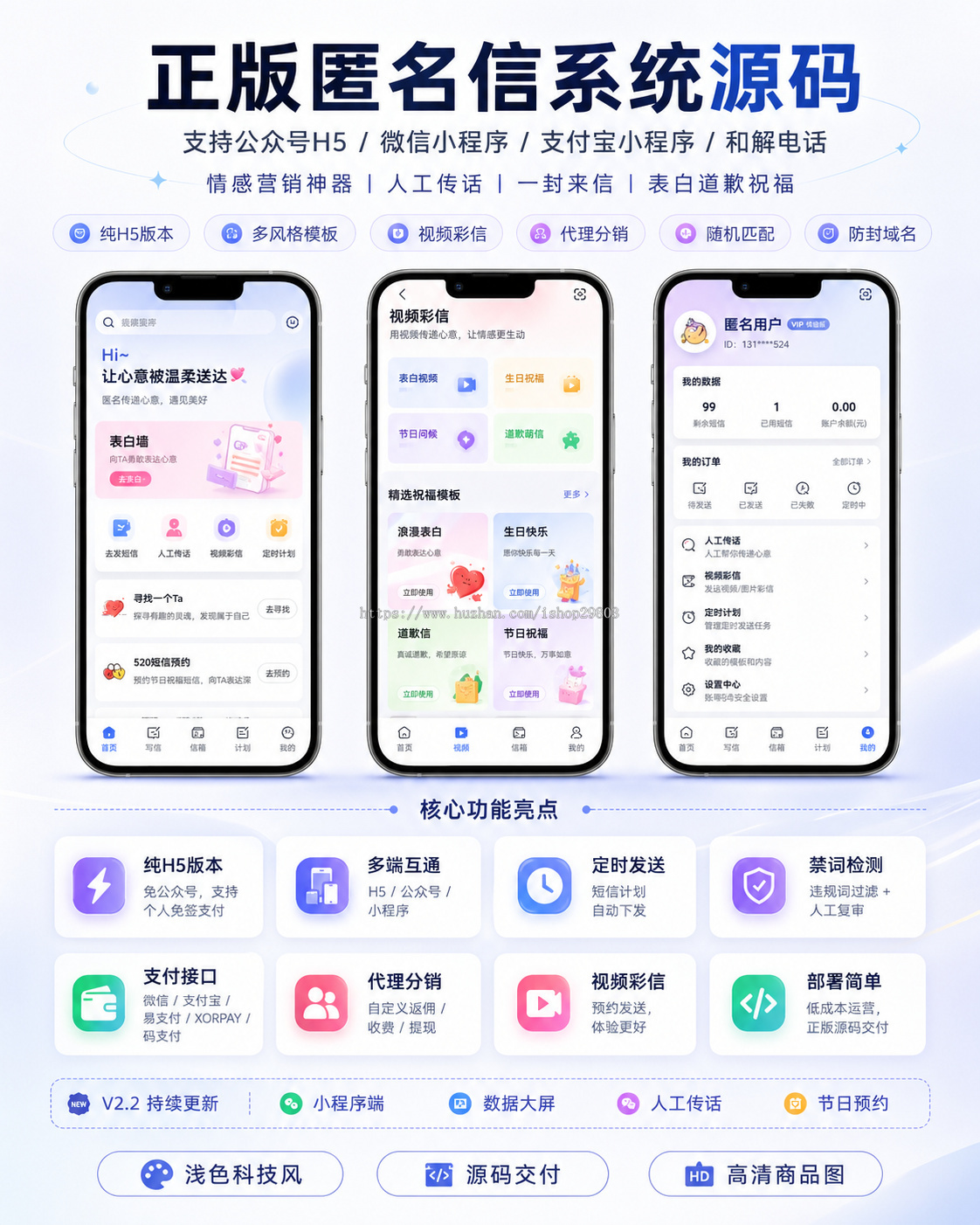 正版H5匿名信源码和解电话,多模板,人工传话,一封来信,表白道歉祝福H5公众号系统封装app