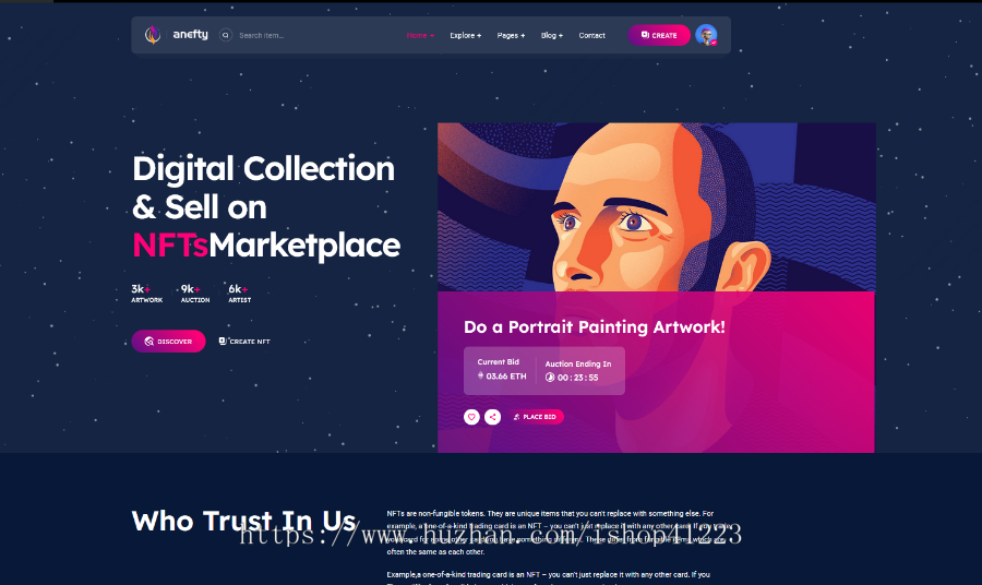 NTF加密作品交易HTML5模板 - Anefty