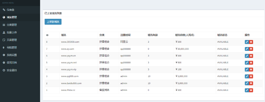 有趣域名在线销售源码,单用户域名在线销售平台 免授权,无加密 适合二次开发