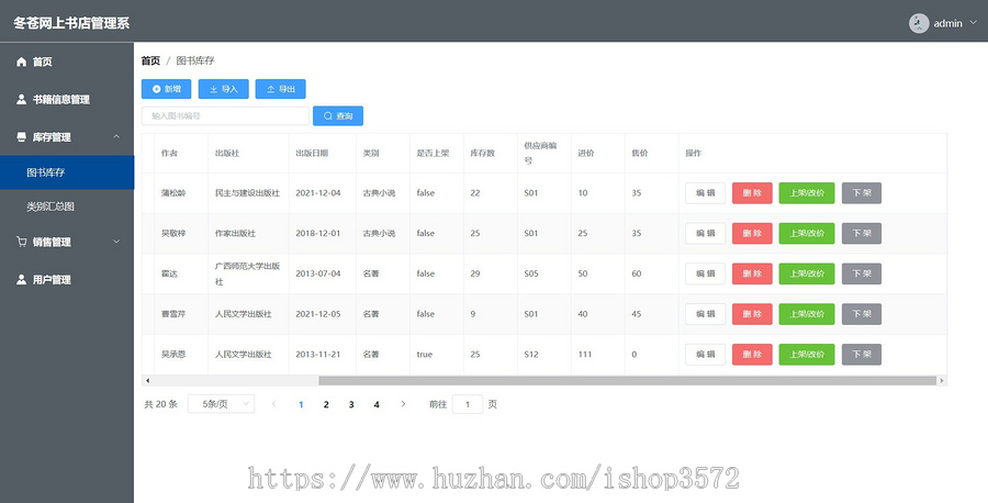 SpringBoot+vue+element UI+nodejs+mysql+echarts书店管理系统源码