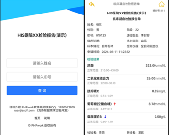 H5医院检验报告单查询,HIS,PEIS,LIS检测电子报告查询,多项检测项目,php源码
