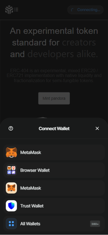 全新ETH链DAPP|仿404潘多拉mint|可选择连接多种钱包(含404协议solidity和约)