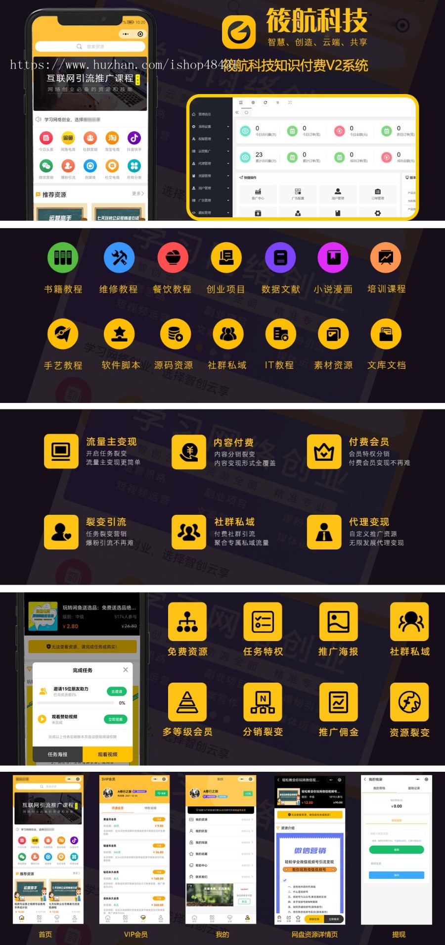 THINKPHP知识付费虚拟资源变现小程序图文网盘视频课程会员分销无限代理分站裂变解锁