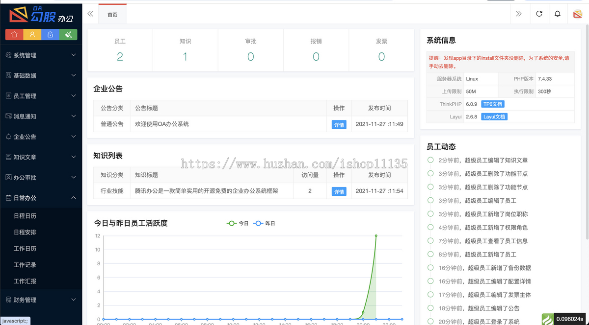 运营版OA系统审批流程、员工管理、消息通知、知识文章、办公审批、日常办公、财务管理