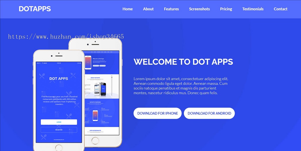 英文版蓝色app宣传介绍页面模板是一款单页滚动APP手机软件官方网站模板