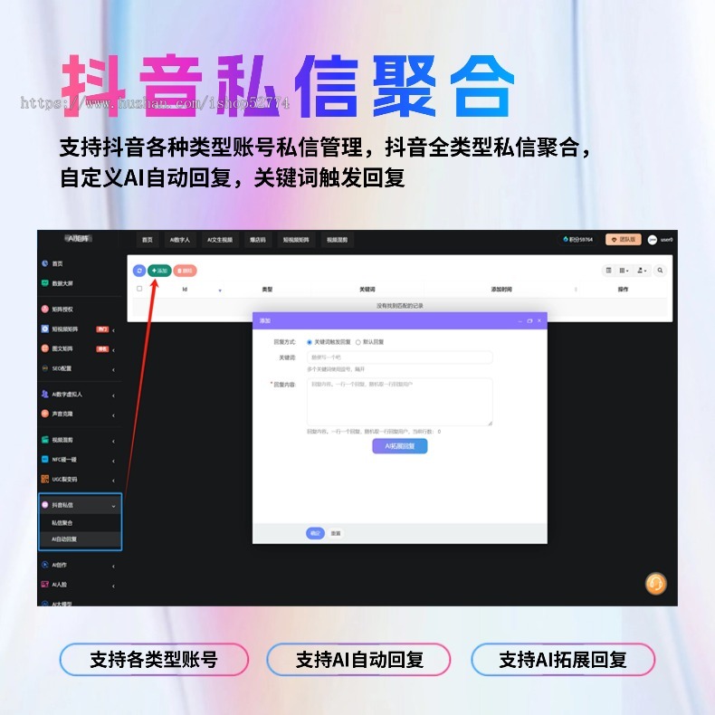 短视频图文矩阵 Sora2生成视频 AI数字人 碰一碰 抖音私信智能回复 AI创作 智能文案