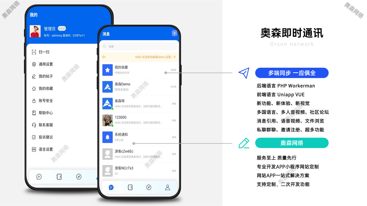 企业级多语言即时通讯国际通讯聊天交友音视频通话多端同步私聊群聊消息推送聊天室