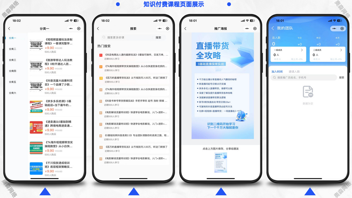 知识付费源码音频文本课程视频课程卡密购买课程推广支持会员支付分佣逻辑公众号小程序