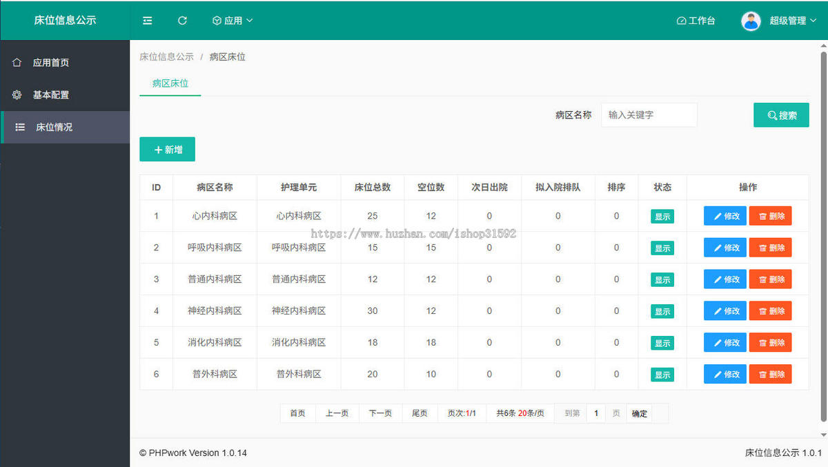 医疗机构病房床位信息公示,医院床位信息统计,php源码