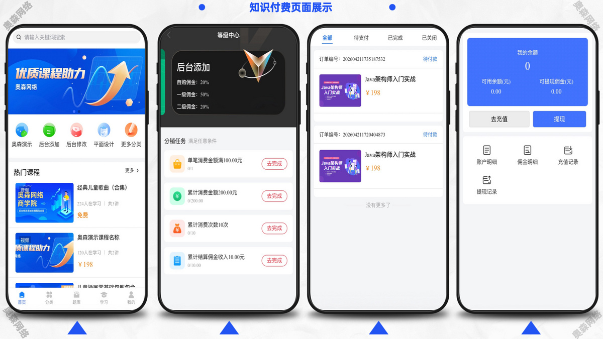 企业级知识付费源码音频章节付费文本课程视频课程小程序支持会员支付分佣逻辑在线支付