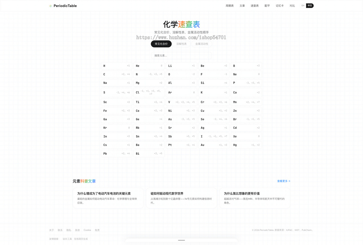 [元素周期表网站]交互式元素周期表,支持seo,支持谷歌广告,中英文