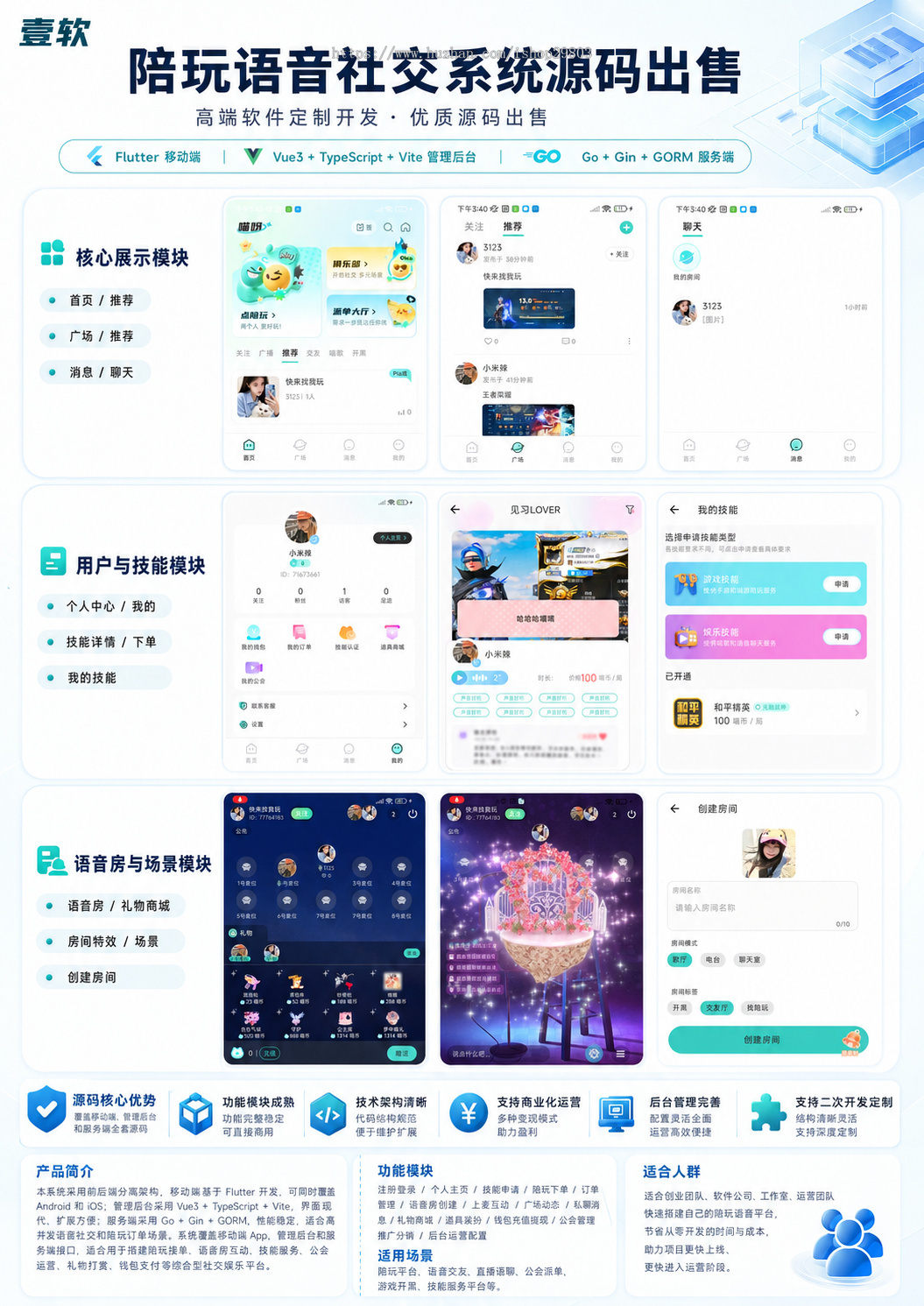 2026语音交友+语聊房系统源码Flutter+Go后端社交APP游戏接单礼物打赏公会分成钱包支付
