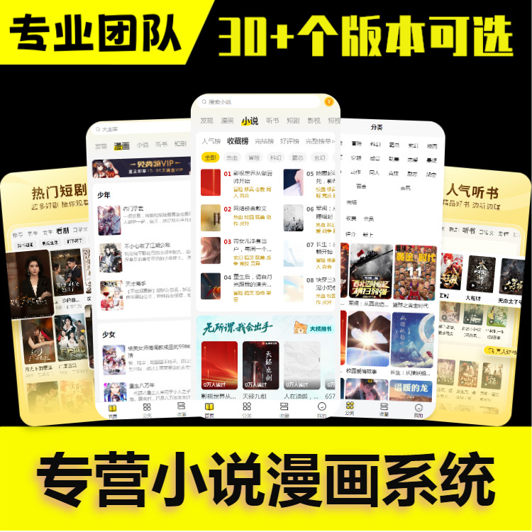 小说漫画APP软件开发在线听书会员特权付费打赏阅读小程序影视短剧分销系统源码搭建h5