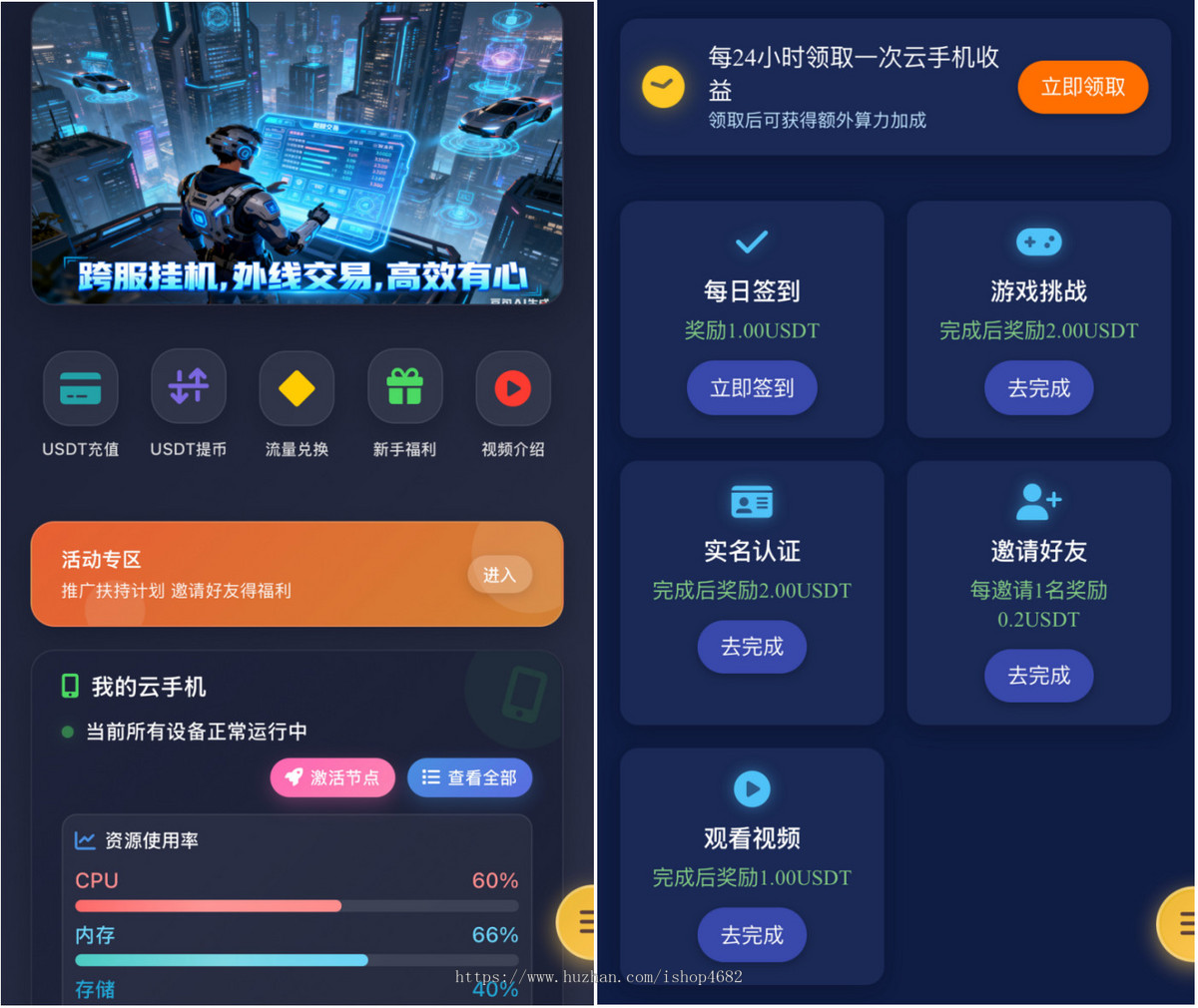 全开源云手机CDN节点管理系统游戏挂机任务/视频激励/邀请分销广告美金机器人USDT